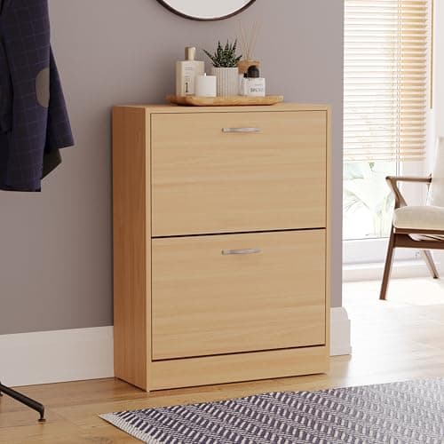 Image of Vida Designs Shoe Cabinet, Wooden Shoe Storage Unit with 2 Pull-Down Drawers, Multifunctional Dust-Proof Space-Saving Slim Cupboard for Hallway or Entryway (Pine)