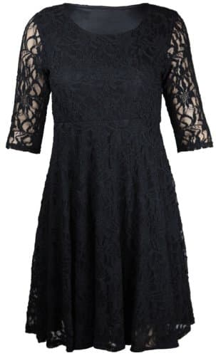 Image of New Womens Floral Lace Lined Three Quarter 3/4 Sleeve Scoop Neck Ladies Skater Style Mini Party Dress Plus Size Black Size 22-24