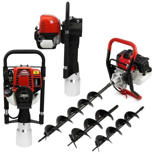 Image of Earth Auger 3HP Motor & Petrol Post Driver, Powerful 37.7cc T-Mech 120mm Post Hole Borer Fence Hammer Picket Fencing Knocker 52cc Rammer 3 Sized Drills, Free Safety Gear Carry Case and Tool Kit