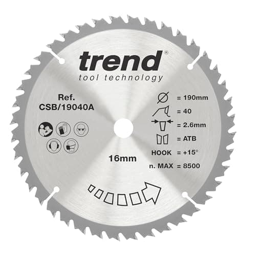 Image of Trend Wood Circular Saw Blade, 190mm Diameter, 16mm Bore, 40 Teeth, 2.6mm Kerf, +15° Hook, TCT, Fine Finish, CSB/19040A
