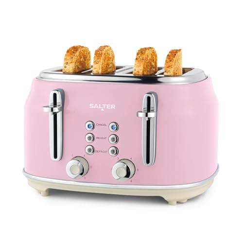 Image of Salter Retro Pink 4-Slice Toaster – Wide Slots, 6 Browning Levels, Defrost, Reheat, Cancel Functions, Removable Crumb Tray, Extra Thick Bread, High-Lift Eject, Self-Centring, Vintage Design, 1630W