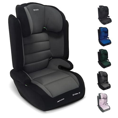 Image of My Babiie MBCSB30 Highback Booster Car Seat - 100-150cm (Approx. 4-12 Years, Group 2/3), i-Size R129, Adjustable Child High Back Seat, Padded, 8 Position Headrest - Grey & Black