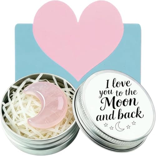 Image of I Love You to the Moon and Back Gift — Hand-Polished Pink Moon Stone Crystal in Tin with Card, Healing Crystals Worry Stones, Anniversary Gifts for Her or Him, Valentines, Birthday (Pink Crystal)