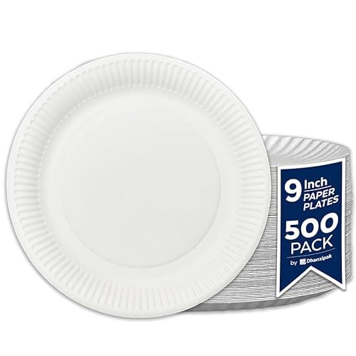 Image of DHANZIPAK 500 Disposable Paper Plates 9 Inch (23cm) – Heavy-Duty White Paper Party Plates – Grease-Resistant, Compostable & Recyclable – Ideal for Parties, BBQs, Events, Catering & Daily Use