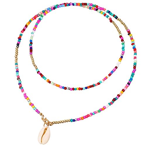 Image of FANTESI Boho Beaded Necklaces Boho Shell Necklace Colorful Beaded Pendant Necklace Handmade Seed Layered Necklace Vintage Boho Jewellery Accessories for Women Girls Summer Vacation Birthday Gift