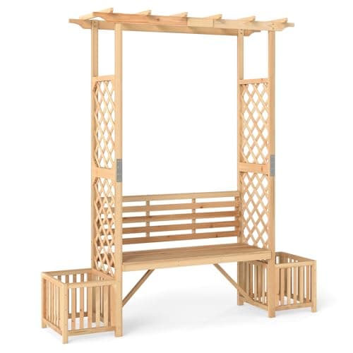 Image of GiantexUK Garden Arch with Bench & Planter Boxes, 2-Seater Rose Trellis Pergola Pavilion Arbour with Back, Wooden Climbing Plants Support Archway for Patio Lawn Wedding Ceremony Party (Flat Roof)