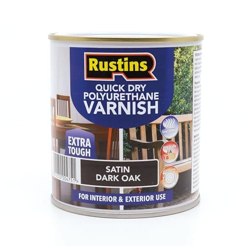 Image of RustinsQuick Dry Poly Varnish Satin Dark Oak 500ml -Tough, Water-Based Clear Finish in Gloss, Matt or Satin; Durable Protection for Interior Wood, Furniture and Floors