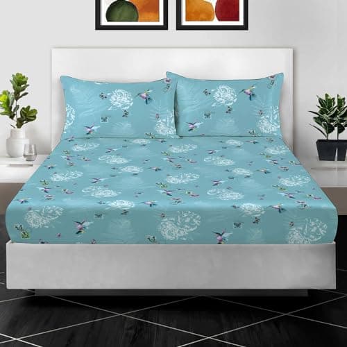Image of Printed Double Fitted Sheet 100% Egyptian Cotton Floral Design 400 Thread Count – 30cm (12”) Extra Deep Pocket Double Bed Sheet – Soft Luxury Floral Print Bedding (137 x 190 cm)