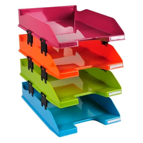 Image of Exacompta - Ref 113298SETD - Letter Trays Combo Midi (Set of 4) - 357 x 255 x 244mm in Size, Suitable for A4+ Documents, 12 Spacers to Increase Capacity - Assorted Colours