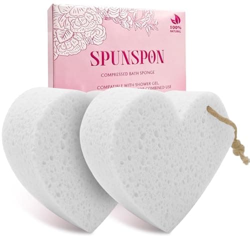 Image of Bath Sponge, Natural Cellulose Sponge, Body Scrubber for Bathing, Exfoliating Shower Pouf for Shower – 4.3" x 4.1" x 2", Heart Shape, 2 Pack, White