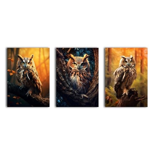 Image of simpa 3 Panel Canvas Wall Art – Golden Owl – Framed & Stretched Artwork for Home, Living Room, Office Décor