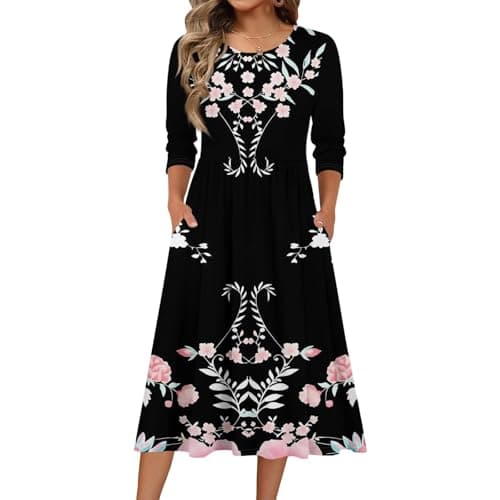 Image of Women’s Long Sleeve Floral Print Midi Dress with Pockets Crew Neck Casual Loose Fit Soft Fabric Comfortable Style(Black,XL)
