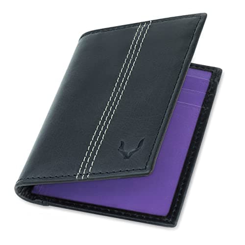 Image of PELLE TORO Minifold Leather Credit Card Holder Wallet for Men, Thin RFID Blocking Contactless Card Protector, Handmade Minimalist Slim Mens Card Wallet in Mens Gift Box, Black Purple