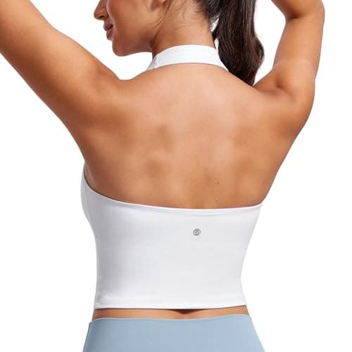 Image of CRZ YOGA Butterluxe Women's Halter Neck Sports Bra Padded Longline Yoga Bras Workout Sport Crop Top with Built in Shelf Bra White 14