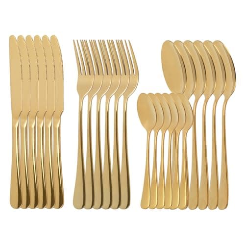 Image of 24 Piece Gold Cutlery Set, Luxury Stainless Steel Flatware Set,Tableware Silverware Set for 6 with Spoon Knife and Fork Set Service,Dishwasher Safe/Easy Clean/Mirror Polished/Heavy Duty