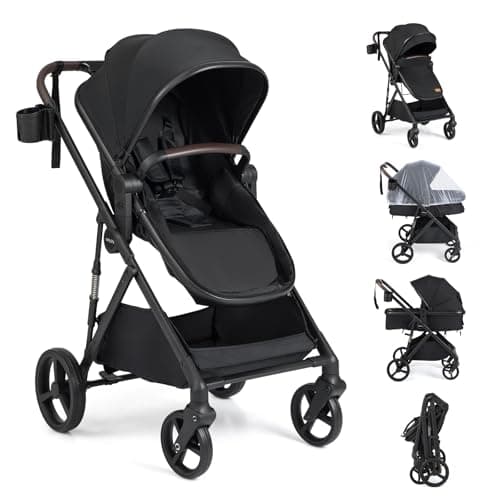 Image of COSTWAY 3 in 1 Baby Stroller, Foldable Travel System Pram with Reversible Seat, Adjustable Canopy & Backrest, Mesh Net, Storage Basket, Lightweight Infant Newborn Pushchair for 0-36 Months (Black)