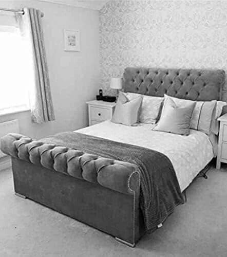 Image of Innovative Chesterfield Royal Sleigh Bed Frame - Upholstered in Plush Velvet with Mattress/Gas Lift Option - UK Made (Steel Plush, King 5ft Bed Frame)