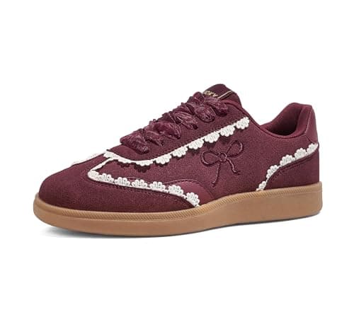 Image of LUCKY STEP Women’s Lace Detail Casual Sneakers Organza Ribbon Lace-Up Fashion Vintage Gum Sole Trendy Cute Shoes (Burgundy, 9US-40EU-7UK)