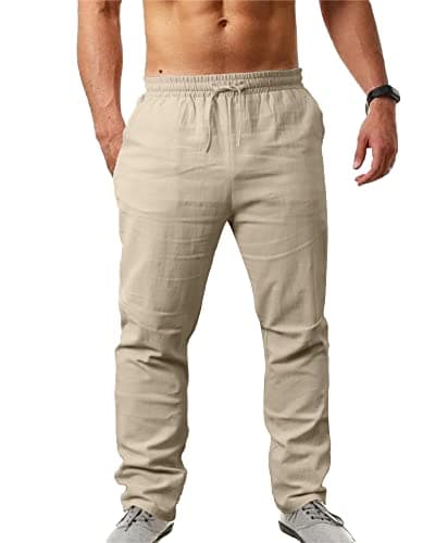 Image of NANAMEEI Mens Linen Trousers with Elastic Waist Casual Solid Drawstring Trousers Khaki XL