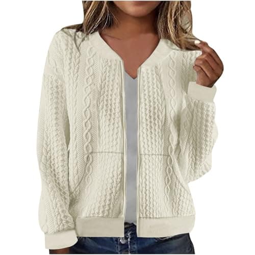 Image of Cardigan Sweaters for Women UK Full Zip Jacket Long Sleeve Sweatshirt with Pockets Cable Knit Coat Lightweight Elegant Fall Outfits Casual Pullover Bolero Ladies Jacket Coat for Daily Beige