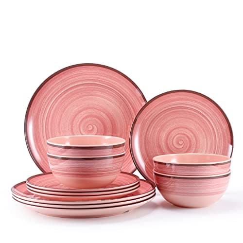 Image of Plates & Bowls Set for 4, Melamine Plate Set, 12 Piece Dinner Set Solid Color Dinner Set, Beautiful Wedding Party Plates Set Dishwasher Safe, BPA Free (Mars)