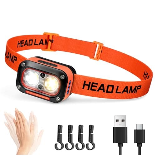 Image of DARKBEAM LED Head Torch High Lumens USB Rechargeable Dual Lights Headlamp for Hardhat with Motion Sensor, Red Warning Light Up/Down Adjustable, Waterproof Headlamps for Cycling, Car Maintenance