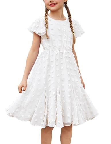 Image of Flypigs Girl's Elegent Princess Dress Summer Dresses A-line Ruffle Short Sleeve Swing Dresses for Kids 9-10 Years White