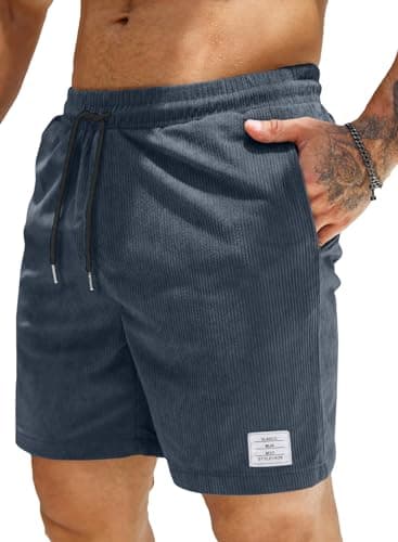 Image of Elegancity Mens Corduroy Shorts Casual Summer Beach Shorts Regular Fit Drawstring Elastic Waist Short Pants with Pockets (Blue, L)