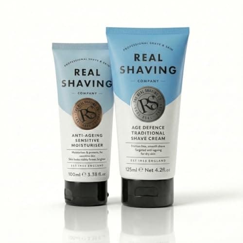 Image of RSC Mens Skincare Set - Anti Ageing Moisturiser with Q10 & Shaving Cream with Vitamin E - Face Cream for Men Dry Skin - Anti Wrinkle Moisturizer & Shave Cream - Sensitive Skin 125ml + 100ml