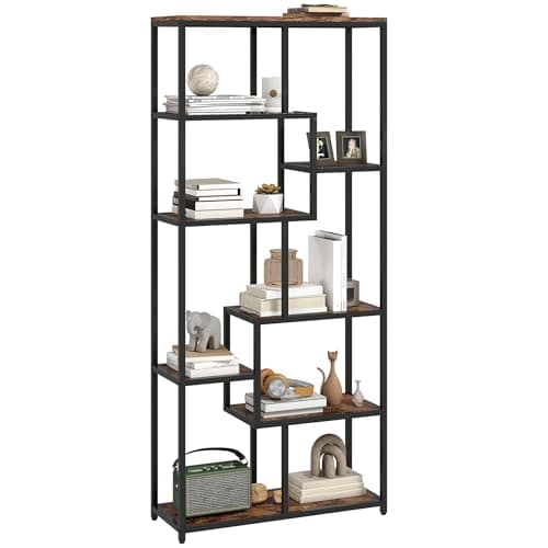 Image of HOMCOM 7-Tier Bookshelf, Geometric Bookcase, Industrial Floor Standing Book Shelf, Open Display Shelving Unit for Living Room, Home Office and Bedroom, Rustic Brown and Black