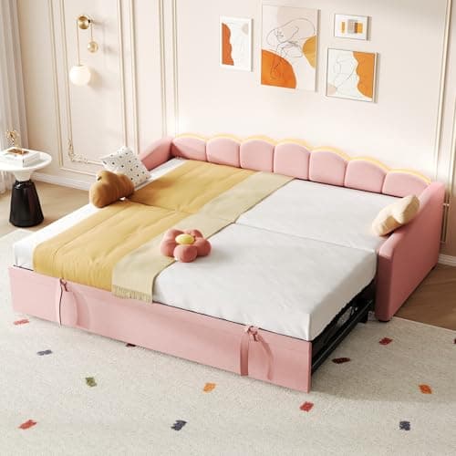 Image of ModernLuxe Pull Out Sofa Bed with RGB LED Lighting, 3FT Upholstered Single Day Bed with Trundle, Comfortable 2 Seater Sofa for Living Room, Bedroom or Study Room, Petal Shape, Velvet, Pink