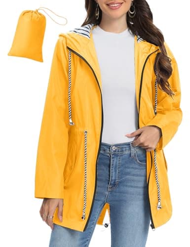 Image of UMIPUBO Womens Waterproof Jacket Lightweight Long Rain Coats Jacket Packable Raincoat Hooded Breathable Functional Windproof Windbreaker with Pocket for Outdoor Hiking Running Camping (Yellow, S)