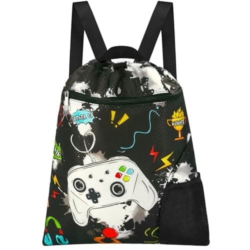 Image of WAWSAM Black Kids Gym Drawstring Bag, 38 × 45 cm Sports Gym PE Bag for Girls Kids Waterproof Swimming Beach Shopping Yoga Backpack and Drawstring kids with Zippered Pocket and Water Bottle Pocket