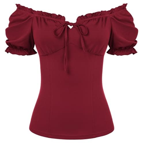 Image of SCARLET DARKNESS Women's Renaissance Puff Sleeves Blouse Medieval Square Neck Retro Ruffles Top Wine Red XL