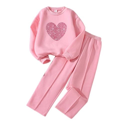 Image of Citridarll 2 Pcs Girls Tracksuits Outfits Heart Print Sweatshirts and Sweatpants Children Kids Casual Clothing Sets Fall Winter Sweatsuit, 10Y, 9-10 Years, Pink