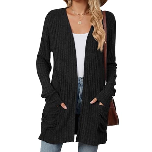Image of Famulily Open Front Long Cardigan for Women, Rib Knitted Black Cardigans with Pockets Lightweight Outerwear Sweater (L, Black)
