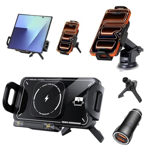 Image of Olycism X02 Dual Coils 15W Fast Wireless Car Charger Mount for Samsung Galaxy Z Fold 7/6/5/4/3 with Automatic Clamping, Suction Cup, Vent Clip, Cigarette Lighter Charger, Black, Color Box Packaging