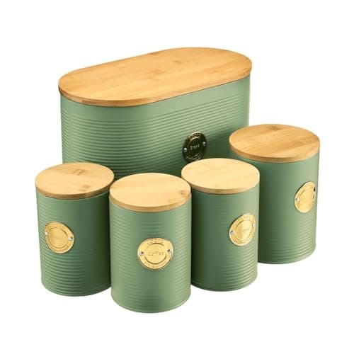 Image of Cooks Professional 5 Piece Ribbed Tea Coffee Sugar Bread & Biscuit Cannisters with Air-Tight Bamboo Lids | Stainless Steel Kitchen Storage Bin Set | Modern & Stylish | Green & Gold
