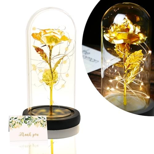 Image of TINYOUTH Golden Rose in Glass Dome Black Wooden Base, Light Up 24K Eternal Rose Batteries Included for Wedding Anniversary Mama Valentines Christmas Birthday