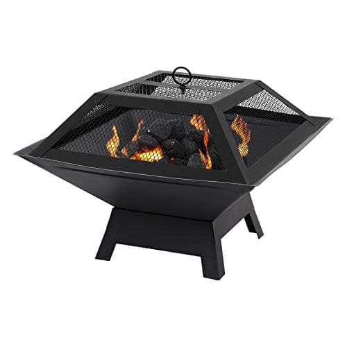 Image of Parkland Square Fire Pit with BBQ Grill Heater Outdoor Garden Black Barbeque Metal Brazier Patio Decor Firepit Stove Portable Heat Mesh Cover for Camping or Picnics