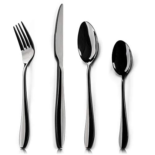 Image of HaWare Cutlery Set, 16 Piece Stainless Steel Black Flatware Set for 4, Elegant Tableware Silverware Include Knives Forks Spoons, Mirror Finish, Dishwasher Safe