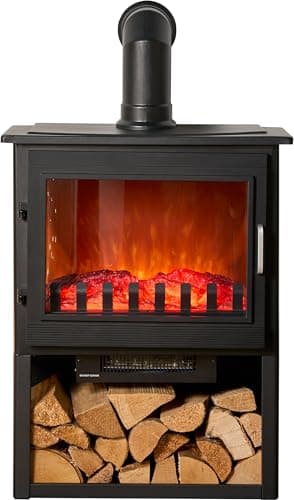 Image of Sureflame Marlow 3-Sided Electric Stove with Log Storage in Black & Angled Stove Pipe