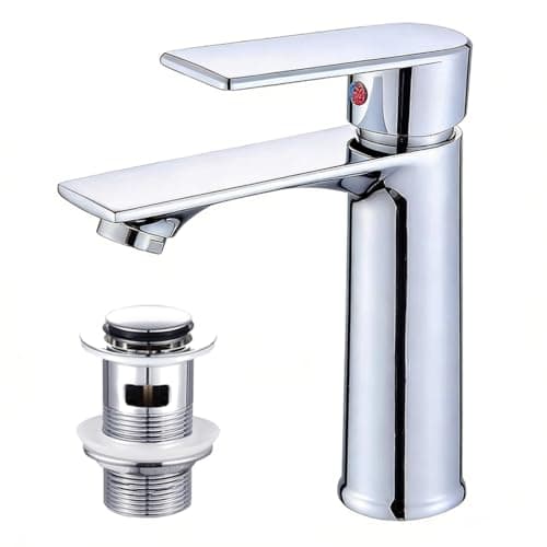 Image of Basin Mixer Tap – Bathroom Faucet with Dual Hot & Cold Controls, Chrome Stainless Steel, Rust-Resistant, Bathroom Sink Tap with Hoses G1/2'' Modern Round Cloakroom Faucet with Click Clack Plug Waste