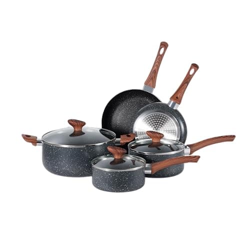 Image of BARGAIN FACTORY Pots and Pans 8 Pieces Set, Non-Stick Cookware Set, Granite, Induction Hob, Glass Lids, Wood-Look Handles, Cooking Marble Grey