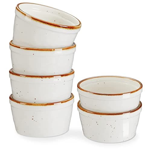 Image of ONEMORE 12 oz Ramekins Oven Safe - Set of 6 Speckled Ceramic Souffle Dishes with Brown Rim for Baking Creme Brulee, French Onion Soup, Pot Pies, and More | Rustic Design with Warm Cream Glaze