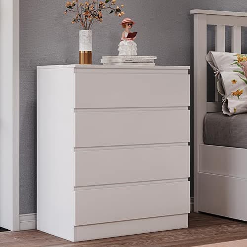 Image of Panana Wooden 3/4/5/6 Chest of Drawers with Metal Runners Modern Bedside Storage Cabinet for Living Room Hallway Bedroom (White, 4 Drawer Chest)