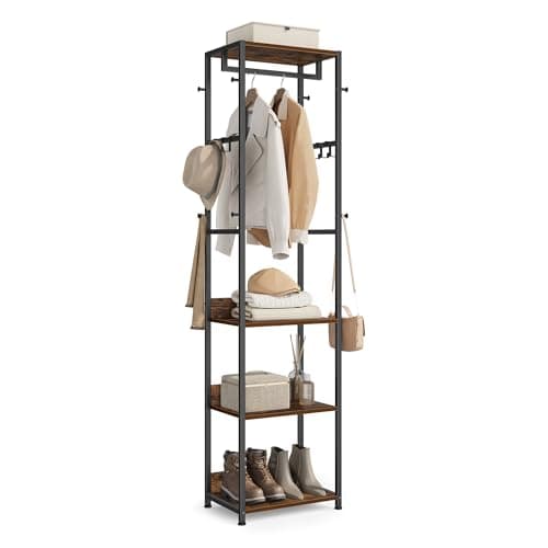 Image of VASAGLE Clothes Rack, Coat Rack Stand with Hanging Rail and Hooks, Hall Tree with Shelves, Steel Frame, for Clothes, Bags, Hats, Ink Black and Rustic Brown RCR061BD04