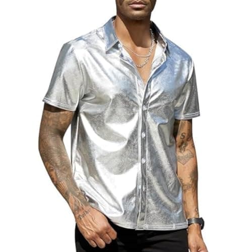 Image of Men's Short Sleeve Shirt, Shiny Metallic Button Down Disco Rock Party Shirts, Sparkly Lapel Collar Smooth Wrinkle Free Tuxedo T-Shirt, Solid Slim Fit Casual Muscle Tops for Dance Rave Party Nightclub