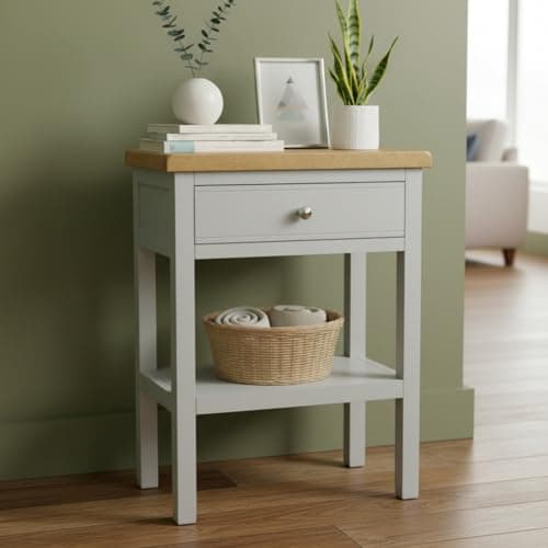 Image of GROFurniture Console Table with Drawer Painted Grey - Wide Console for Living Room Side Table with Oak Top, Ready Assembled Telephone Table for Hallway Console