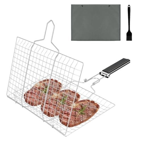 Image of NUTKIT Barbecue Grilling Basket, Stainless Steel fish Grill-basket, Portable BBQ Grill Basket Mesh, grill baskets with Basting Brush& Storage Bag for Outdoor-grill Fish Vegetables Shrimp (30×22×3cm)